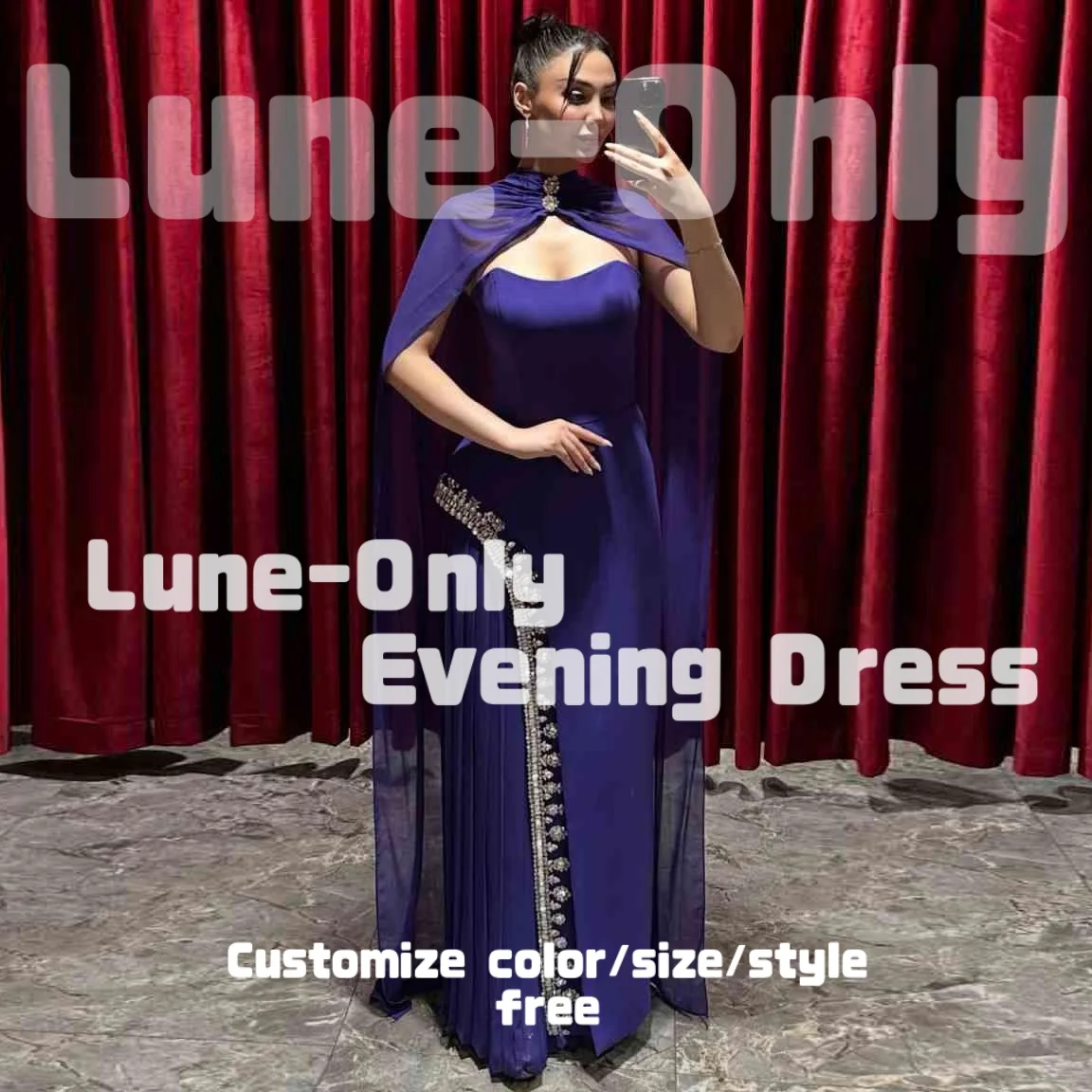 

Customized Purple Chiffon Crystal Luxury Women Evening Dresses For Formal Occasion Cloak Pleated Prom Dress Party Gown
