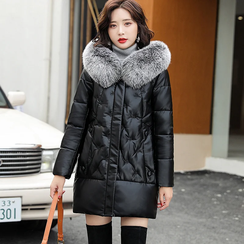 Sheepskin ผู้หญิงกลางลง Coat ฤดูใบไม้ร่วงฤดูหนาวแฟชั่น Fox Fur Collar เย็บปักถักร้อยหนา Slim แกะหนังลงเสื้อ