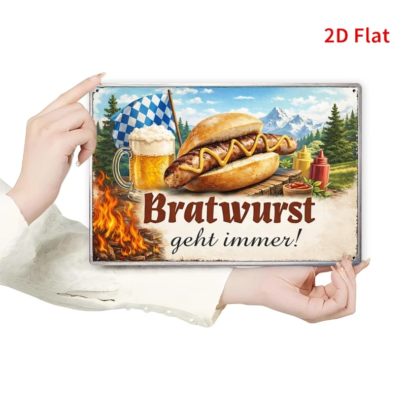 2D Metal Sign 11.81x7.87 Inch Flat Wall Decor Bar Kitchen Art Plate for German Sausage Beer Lovers Oktoberfest Party Decoration
