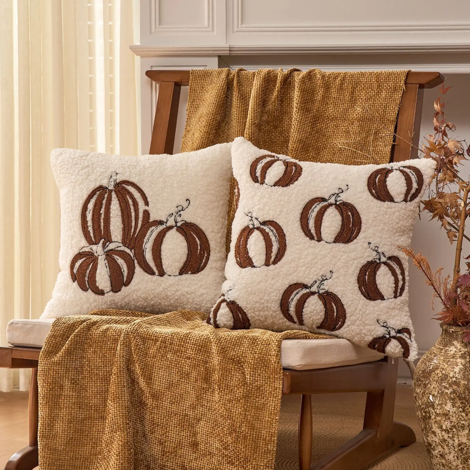 2 PackTeddy Fleece Pillow Case Cartoon Pumpkin Embroidery Cushion Cover with Thanksgiving Decor Cozy Fall Festival Home Decor