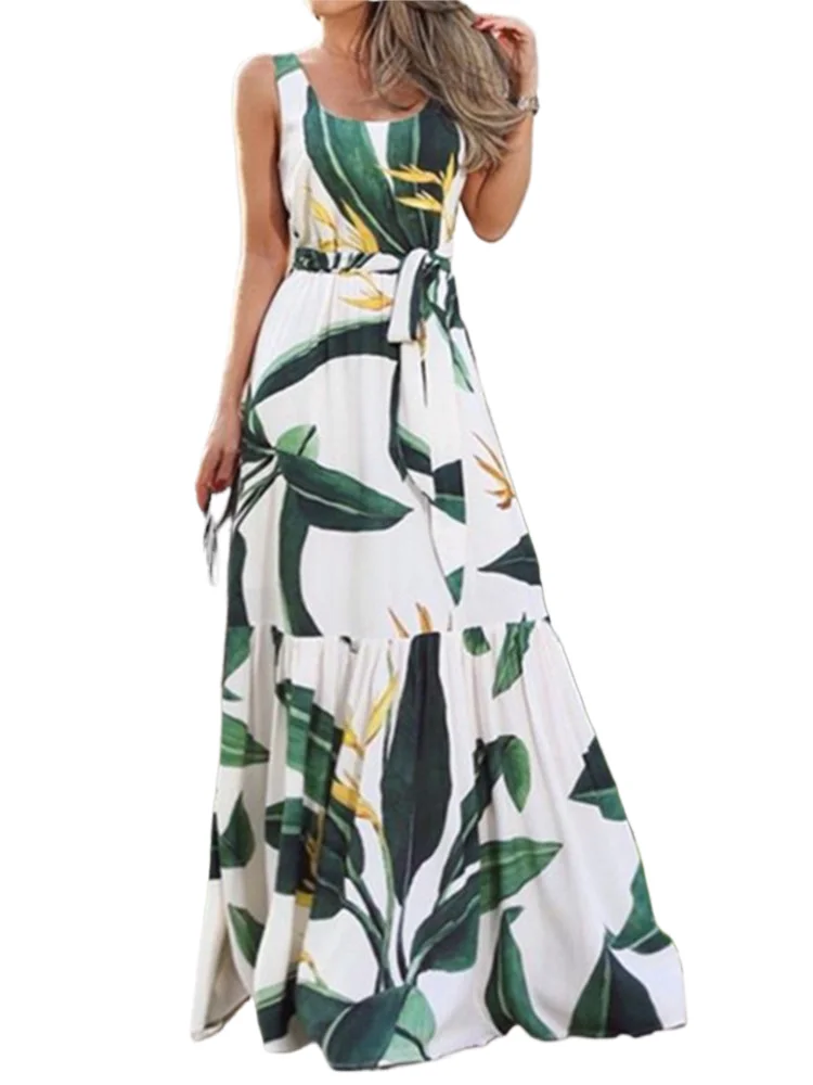 

Summer Flower Print Sleeveless Long Dresses Women Elegant Casual Vacation Style Dress O Neck High Waist Leace-up Maxi Vestidos