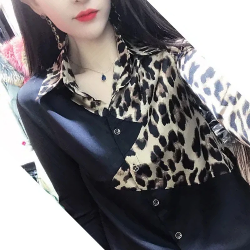 Spring Autumn New Fashion POLO Collar Long Sleeve Blouses Patchwork Color Blocking Leopard Loose Single Breasted Youth Shirts