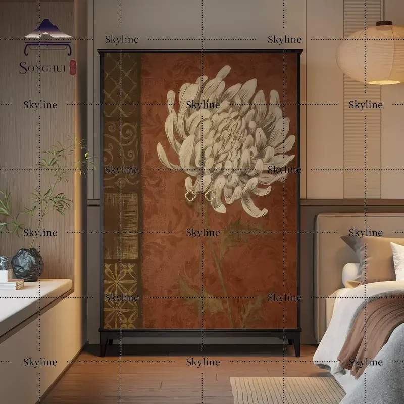 for Medieval Art Flower Printing New Chinese Style Pure Solid Wood Wardrobe Fully Equipped Bedroom Locker Customizable