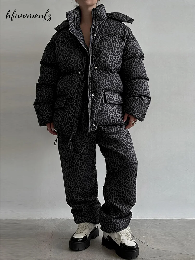 Vintage Leopard Print Sets Women 2 Pieces Zip Up Hooded Puffer Jacket Elastic Waist Cargo Trouser 2026 Winter Thick Warm Outfits