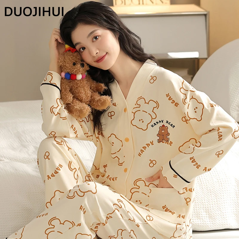 DUOJIHUI Two Piece New Pure Color Women's Pajamas Set V-neck Cardigan Basic Pant Fashion with Chest Pad Casual Pajamas for Women
