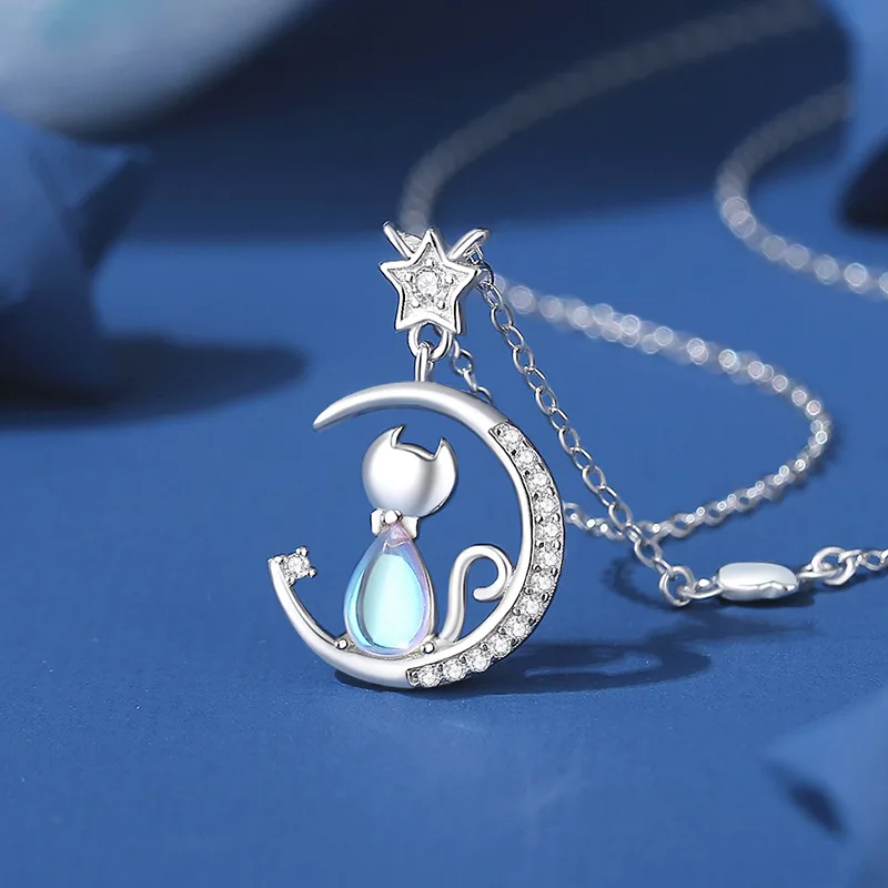 

European Sparkling S925 Sterling silver Pave AAA CZ Cat Moon Pendant Necklace Clavicular Chain For Women Birthday Gift Jewelry