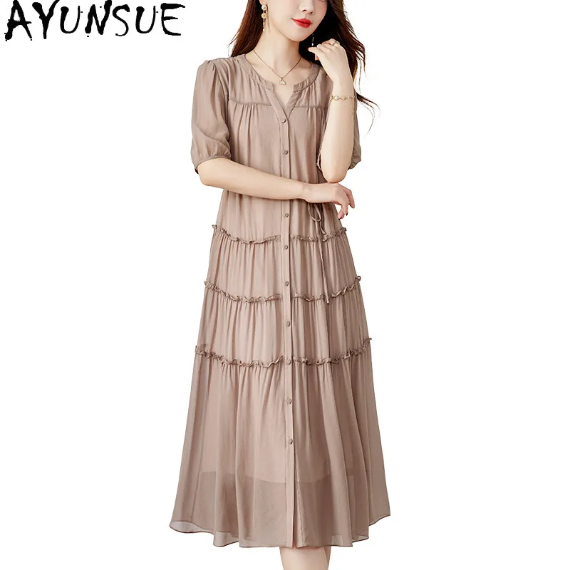 AYUNSUE 100% Real Mulberry Silk Party Dress Women Elegant Womens Dresses Summer Dress Cake 2026 Short Sleeve Платье Женское