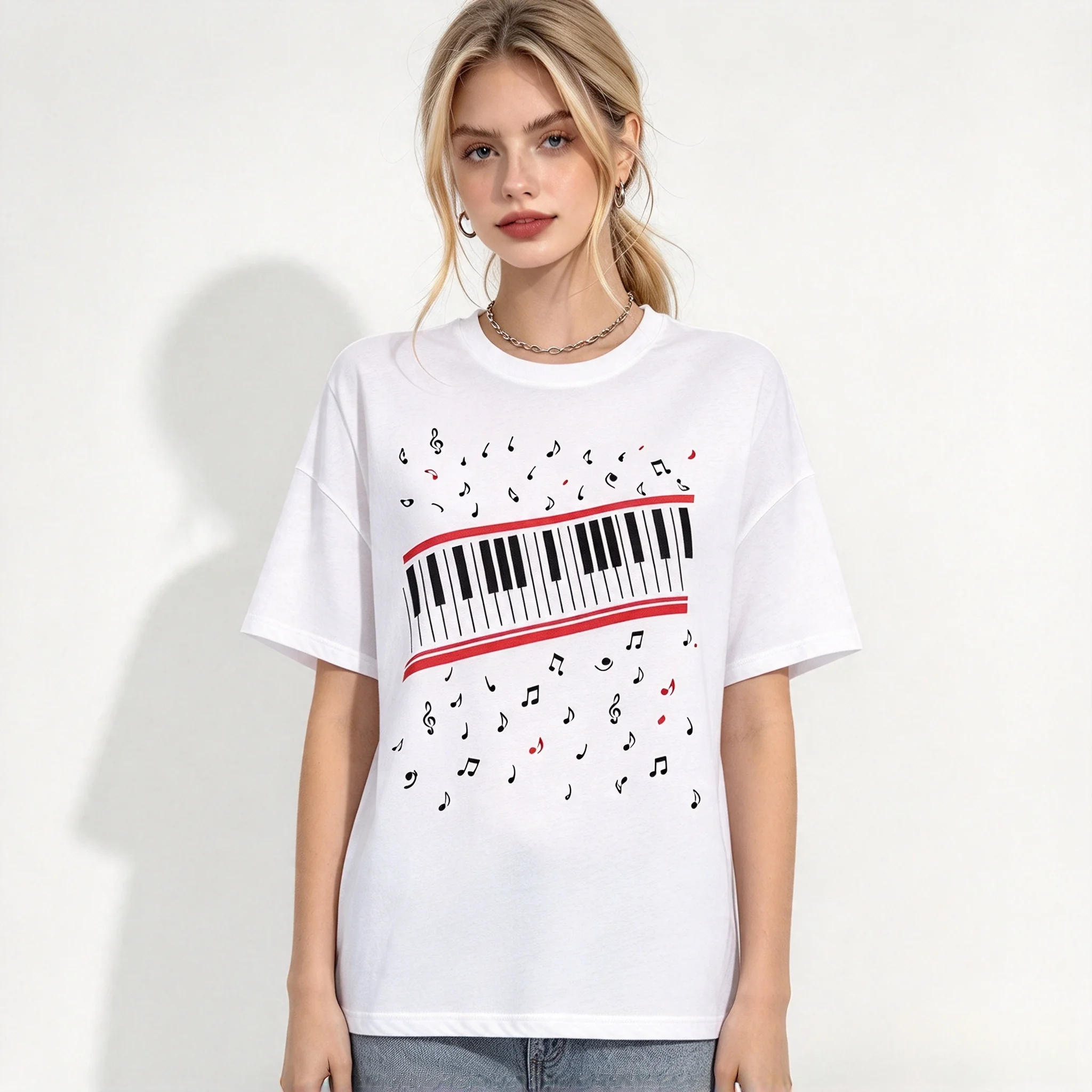 New Piano Keys. Patterned Cotton Short-sleeved Round-neck Top for Both Men and Women Featuring The King of Pop Music Design.
