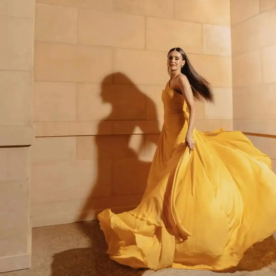 Ofherown Yellow One-Shoulder Ruched High-Slit Cape Evening Gown Women Formal Prom Dress with Train for Party Red Carpet