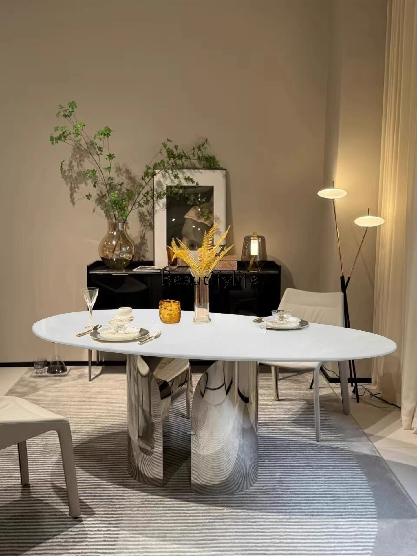 

Natural luxury stone dining table Modern simple oval high-end villa marble dining table