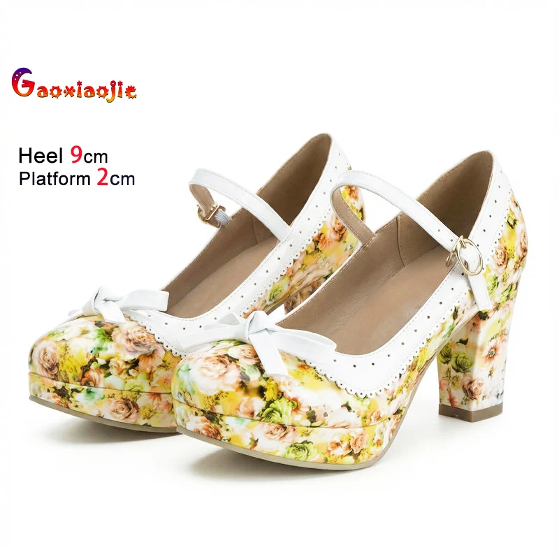 

Print High Heels 9CM Thick Heel Spring Summer Mary Jane Shoes With Bowknot Cosplay Comfort Platform Buckle Strap Women Pumps CD