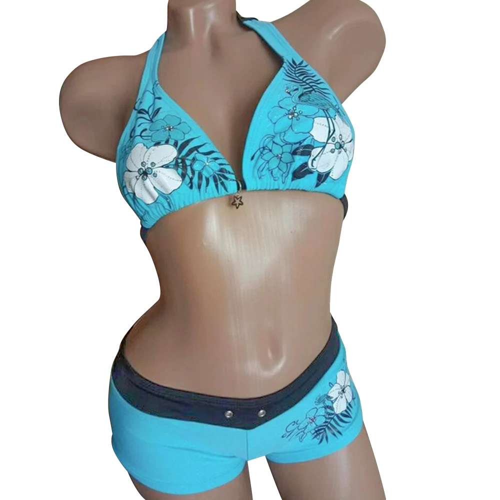 Fashion Vintage Bikini Set Flower Print Adjustable Swimsuit Low Waist Sexy Halter Strap Swimwear Beach Wear
