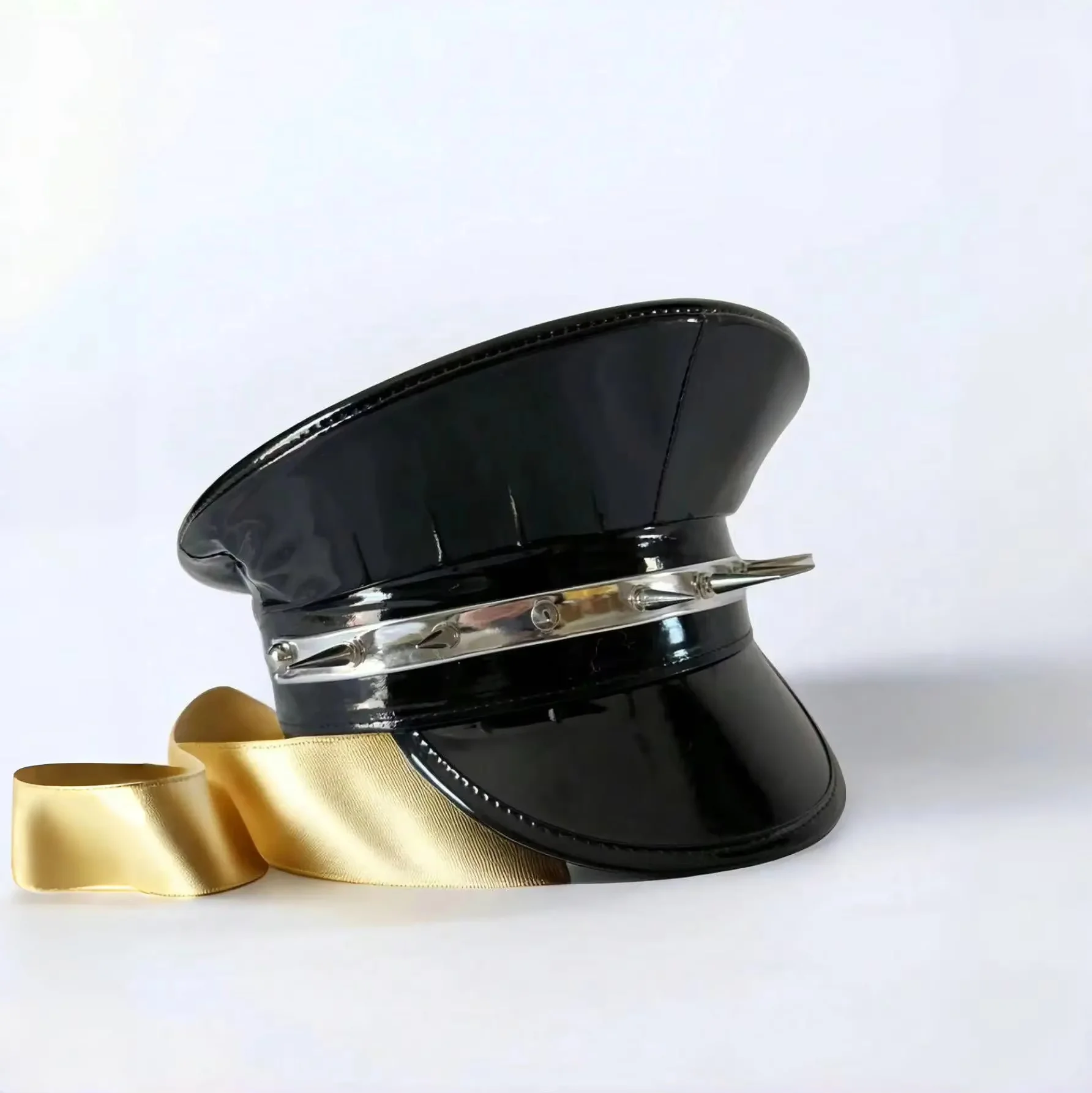 HongLuan  Laser Leather Captain Hat Rhinestone & Military Caps for Woman, Rave Festivals Accessories ＆ Party Cap Man Cosplay Fem