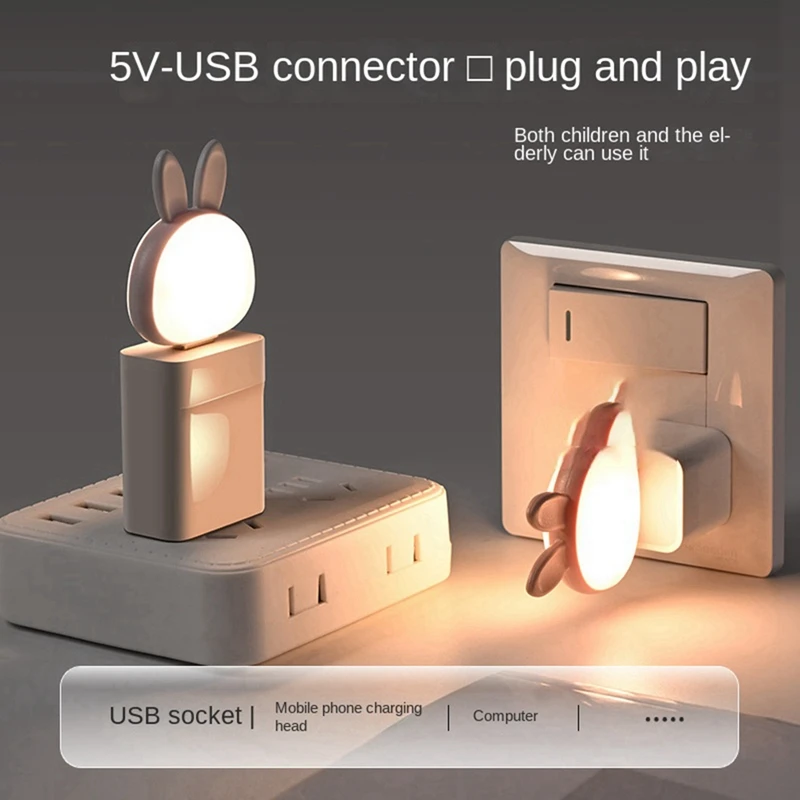 USB-лампа для чтения, 2 шт., мини-светильник в виде кролика, умный голос, 3 цвета, настольная лампа для спальни, детской комнаты, розовый + белый, простая в использовании