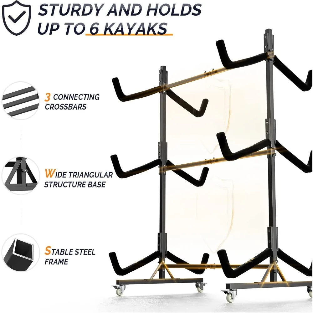 Indoor Outdoor Kayak Rack, Heavy-Duty Sturdy Storage Rack for 6 Kayak, Canoe, Paddle Board, SUP, Movable Kayak Stand