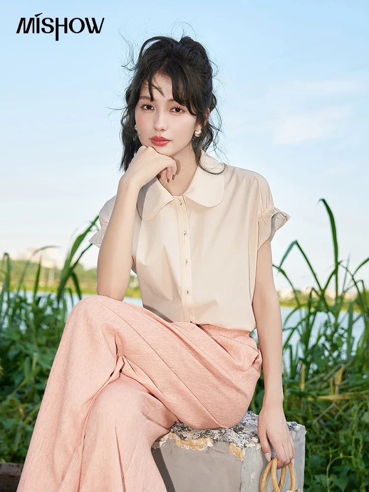 MISHOW Flower Bud Sleeve Shirt Summer 2023 Korean Peter Pan Collar Single Breasted Button Flying Sleeve Solid Tops MXC38C0065