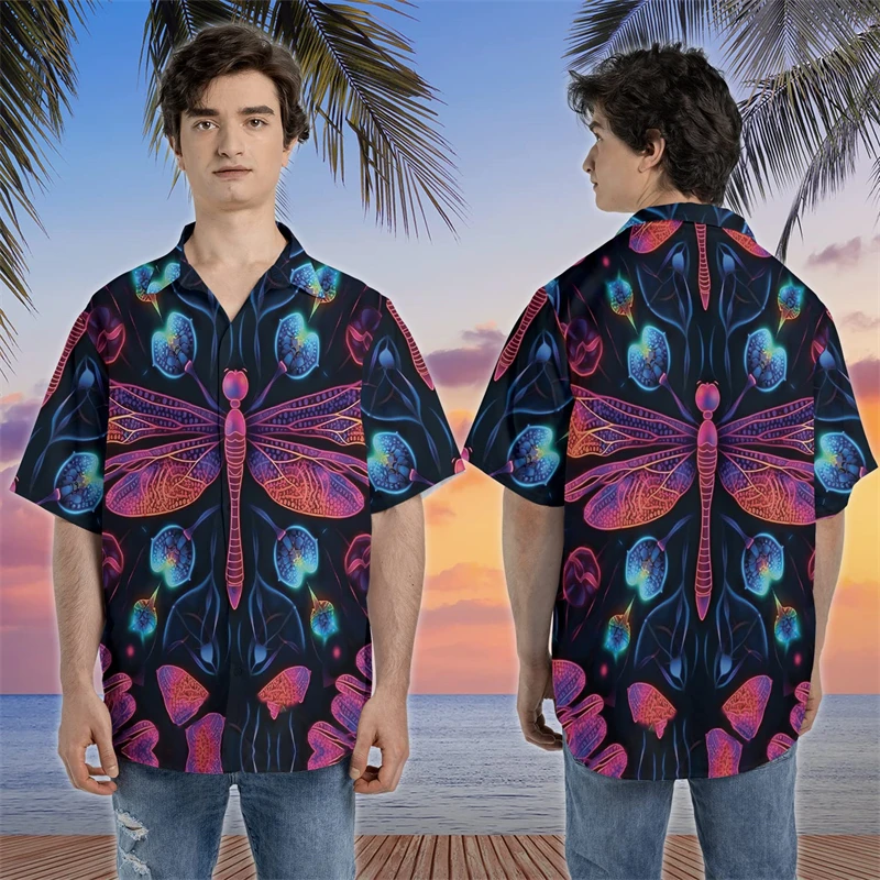 Dragonfly Graphic Shirts For Men Clothes Animal 3D Printed Beach Shirt Funny Insect Lapel Blouse Women Blouses Boy Blouses Tops