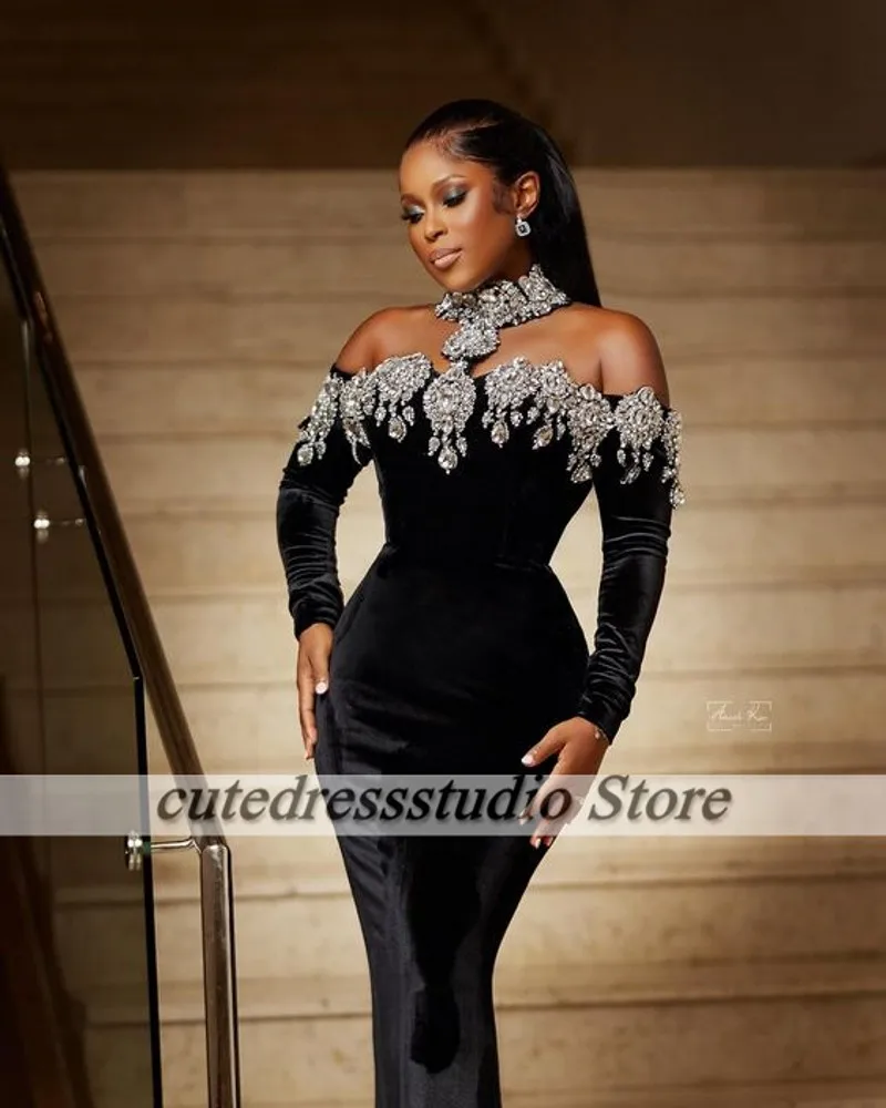 Luxury Crystal Evening Dresses Long Sleeves High Neck Velvet Black Mermiad Wedding Party Gowns African Special Occasion Dress