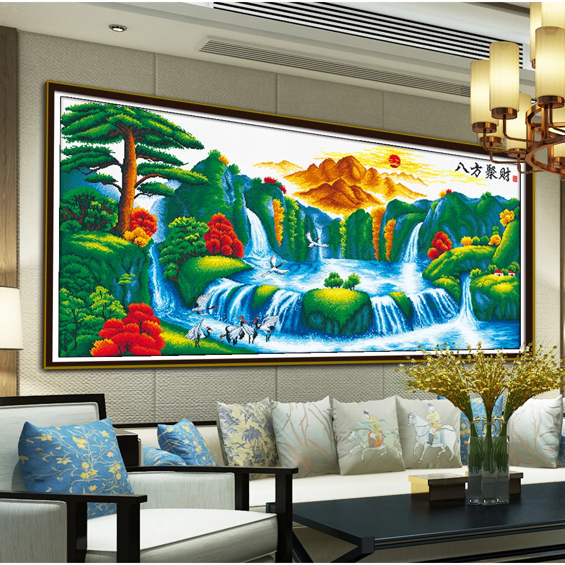 

Printed Cross Stitch Set Hand Embroidery Simple Crafts Waterfall Forest Landscape Pattern Hanging Picture in The Living Room