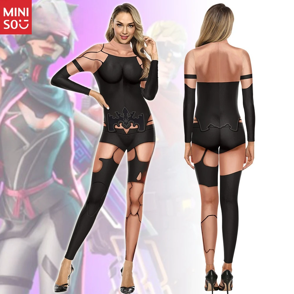 

Miniso 2025 Halloween Patchwork Bodysuit for Women | Dark Aesthetic Jumpsuit, Stage Performance