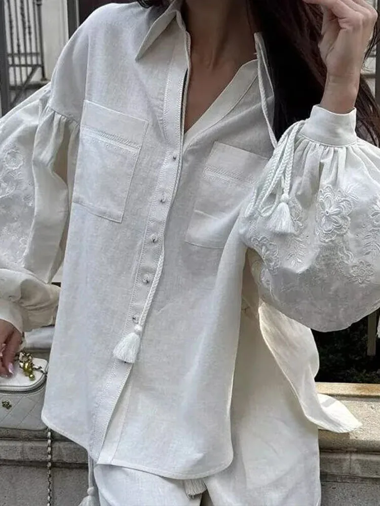 

HH Women's Fashion Cotton Linen Lapel Tassel Embroidered Long Sleeves Pockets Shirt+Elegant Elastic Waist Wide-leg Pant Suit