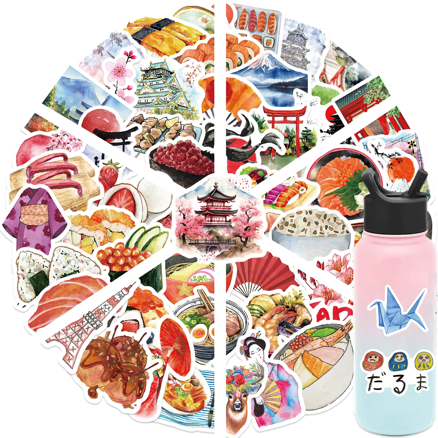 64pcs Watercolor Japan Travel Cartoon Graffiti Sticker DIY Phone Guitar Laptop Notebook Suitcase Cup Waterproof Sticker Kid Toy﻿