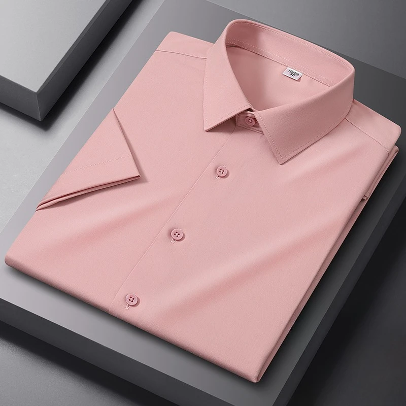 

plus size 8xl silk elastic short sleeve shirts for men slim fit formal shirt solid color office tops elegant white clothes