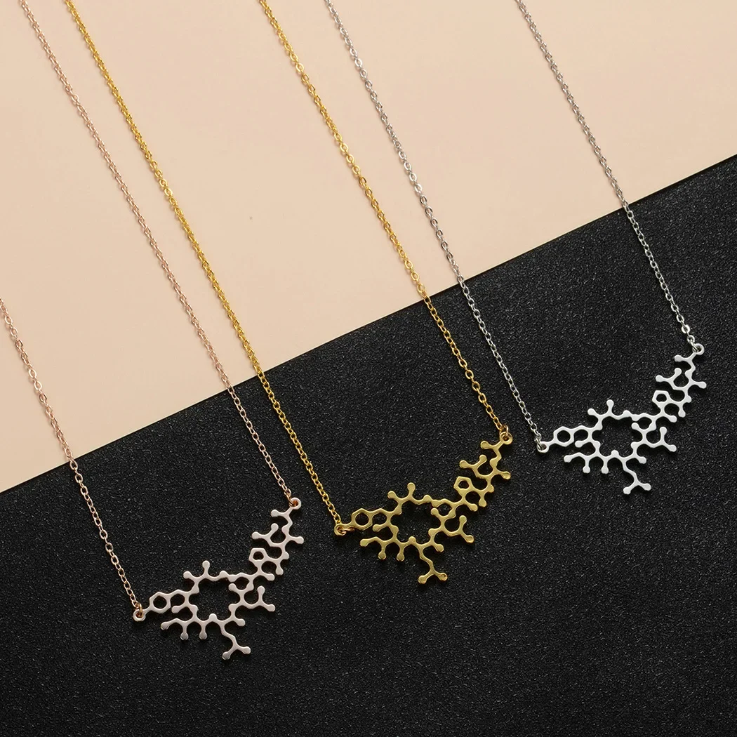 In Serotonin Molecule Pendant Necklace For Women Vintage Geometric Chemistry Stainless Steel Serotonin DNA Choker Jewelry Gifts