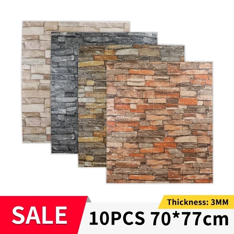 

10 PCS 3D Brick Wall Stickers DIY Self Decor Foam Waterproof Wall Covering Wallpaper for TV Background Kids Living Room 70*77CM