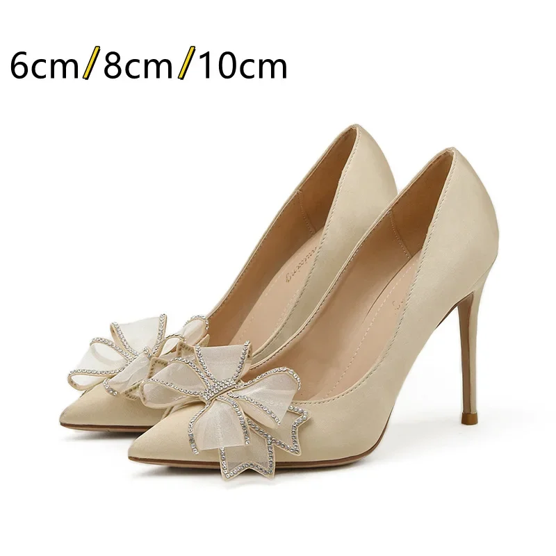 

Small Size 33-41 Elegant Bow Shallow Stilettos Pumps 2023 Spring Soft Leather Thin High Heels Shoes for Office Party Wedding