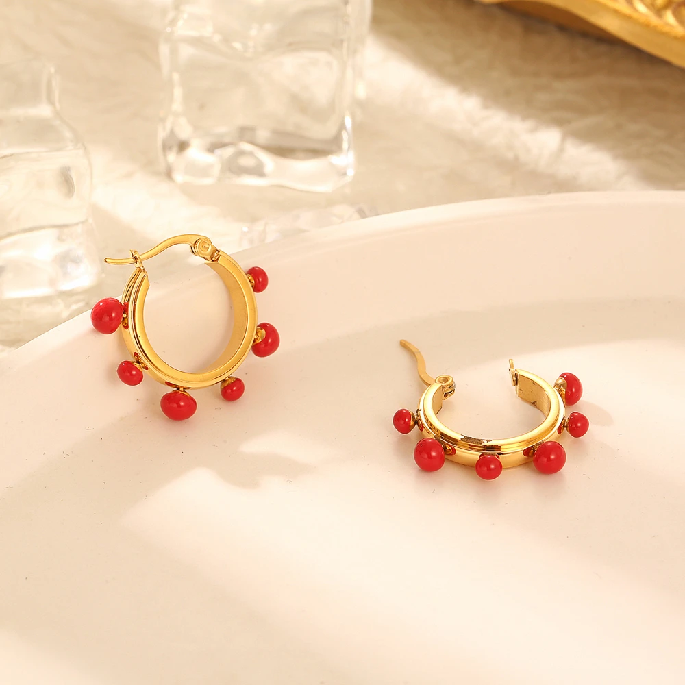 Stainless Steel Zircon Stone Red Bead Hoop Earring Round Fashion Trend For Women