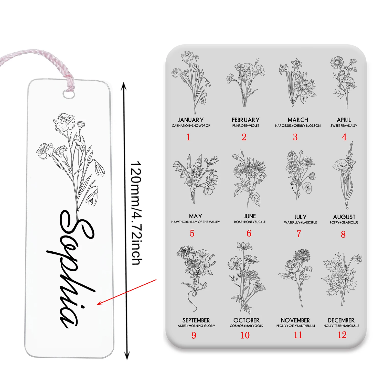 Acrylic Bookmark with Birth Flower HD Print Custom Name Book Mark Birthday Gifts for Friend Bestie Anniversary Stationery Supply