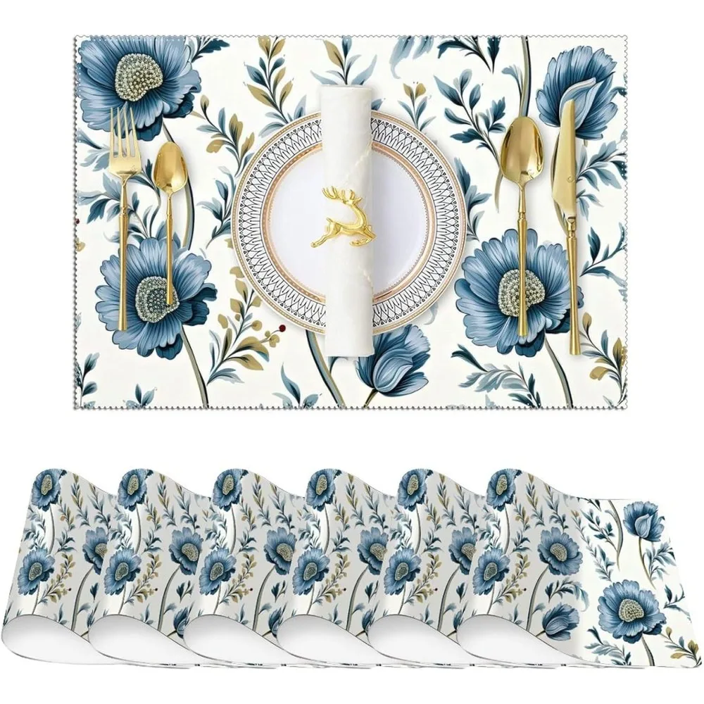 Juego de manteles individuales azules en monzón, 6 manteles individuales de primavera antideslizantes Chinoiserie, manteles de mesa de comedor de inspiración asiática para cocina y comedor