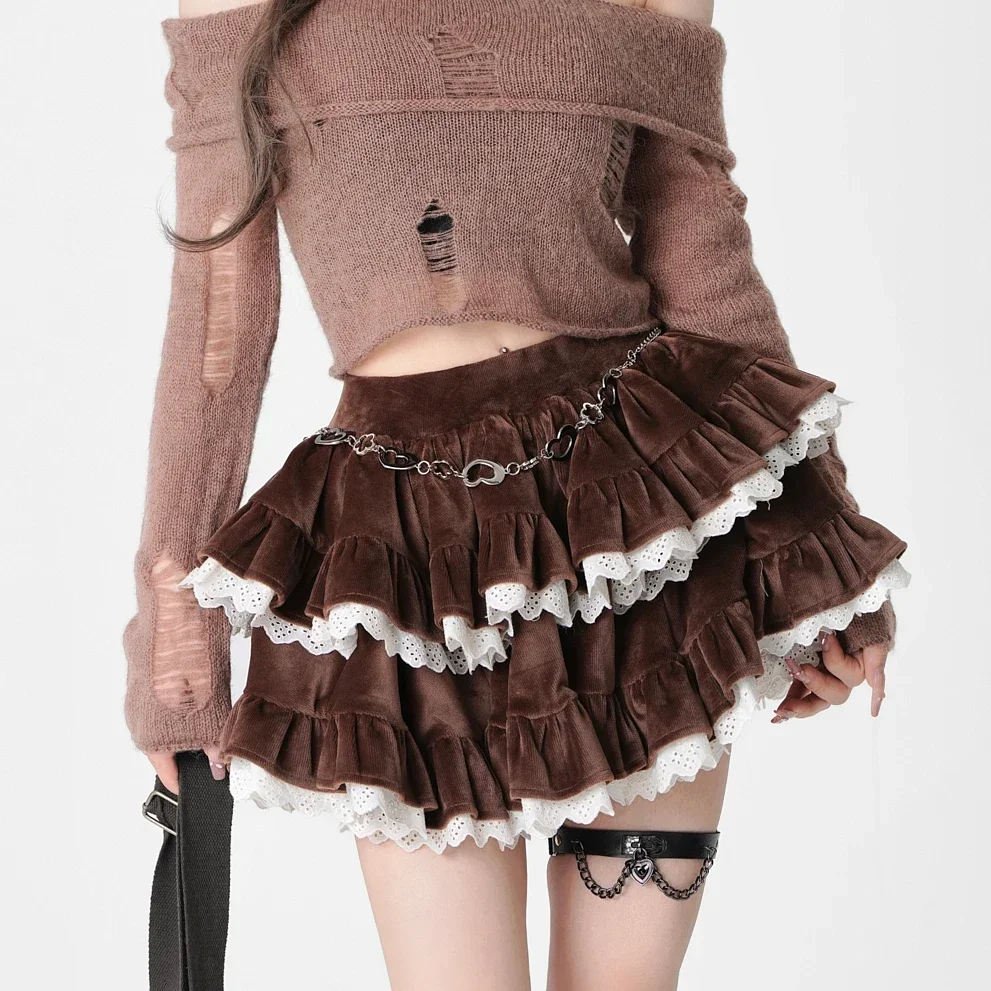 

DEEPTOWN Vintage Velvet Skirt Women Kawaii High Waist A-line Patchwork Lolita Mini Ruffles Skirt Autumn Winter Japanese Y2k