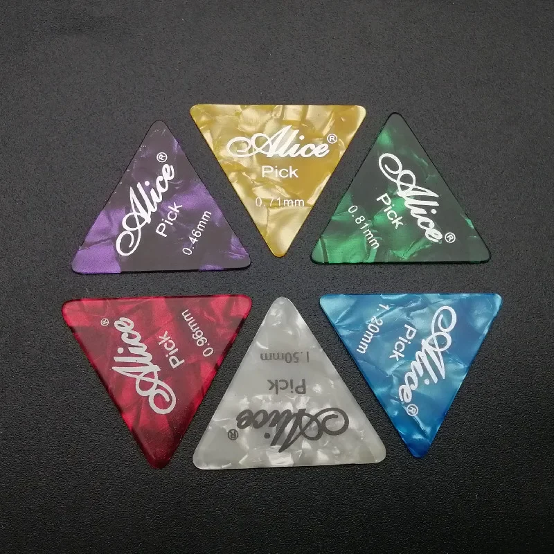 

100pcs/lot Alice AP-100L Mix Color Celluloid Large Triangle Guitar Picks with Logo Printing 0.46/0.71/0.81/0.96/1.2/1.5MM