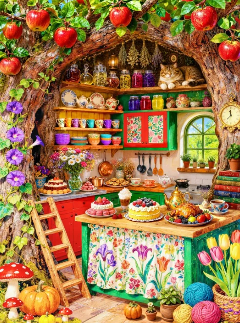 500/1000/1200/2000PCS Jigsaw Puzzle Enchanted Tree House Kitchen Cat Baking Treats Floral Decor Puzzle Decor Gift