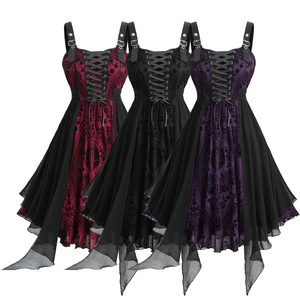 Plus Size Gothic Dresses Costume Women Flower Flocking Lace Up Grommets Asymmetrical Midi Tank Dress Vestidos