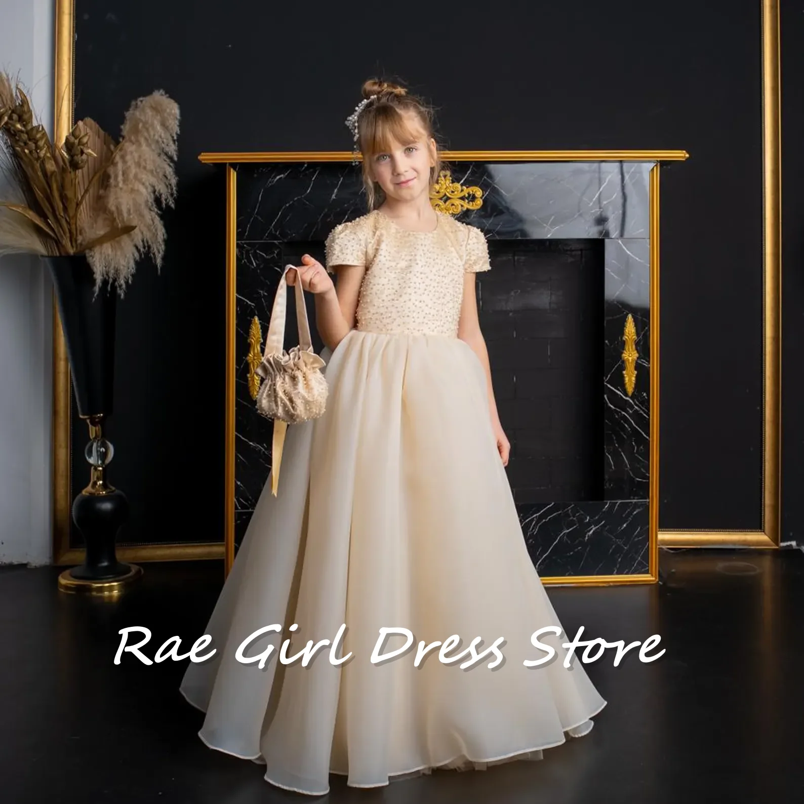 Champagne Tulle Flower Girl Dress A Line Floor Length Short Puff Sleeves For Wedding First Communion Formal Gowns Customized