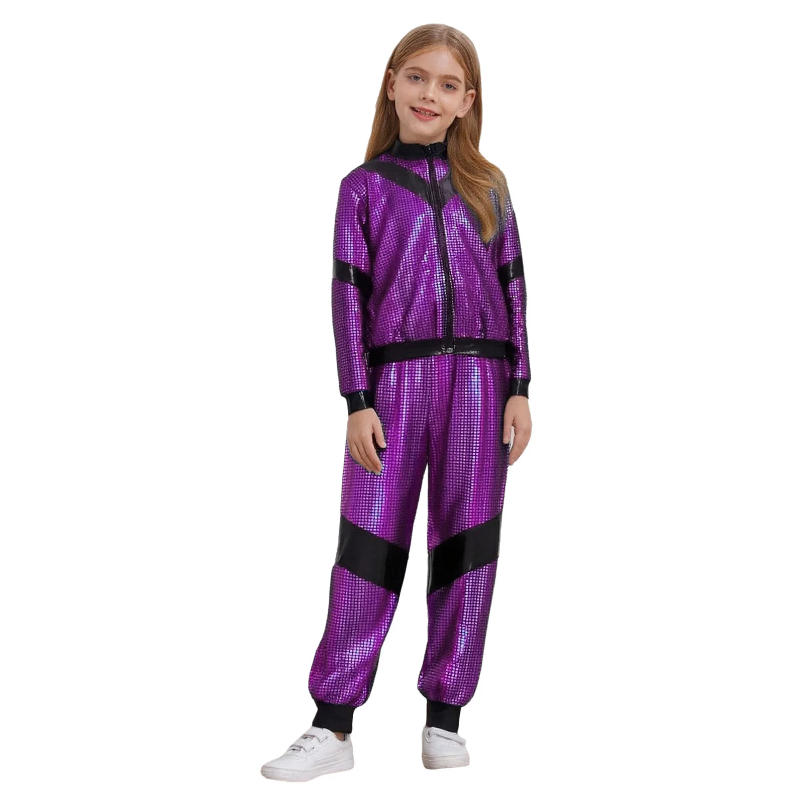 Boys Girls Hip Hop Jazz Street Dance Costume Long Sleeve Metallic Plaid Zipper Jacket with Pants School Show Stage Dancewear