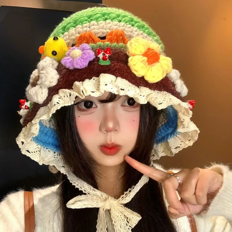 Sweet Fairy Hand‑Crochet Earflap Bonnet Cap for Women 3D Floral Mushroom Ornament Lace Strap Retro Aesthetic Winter Bucket Hats