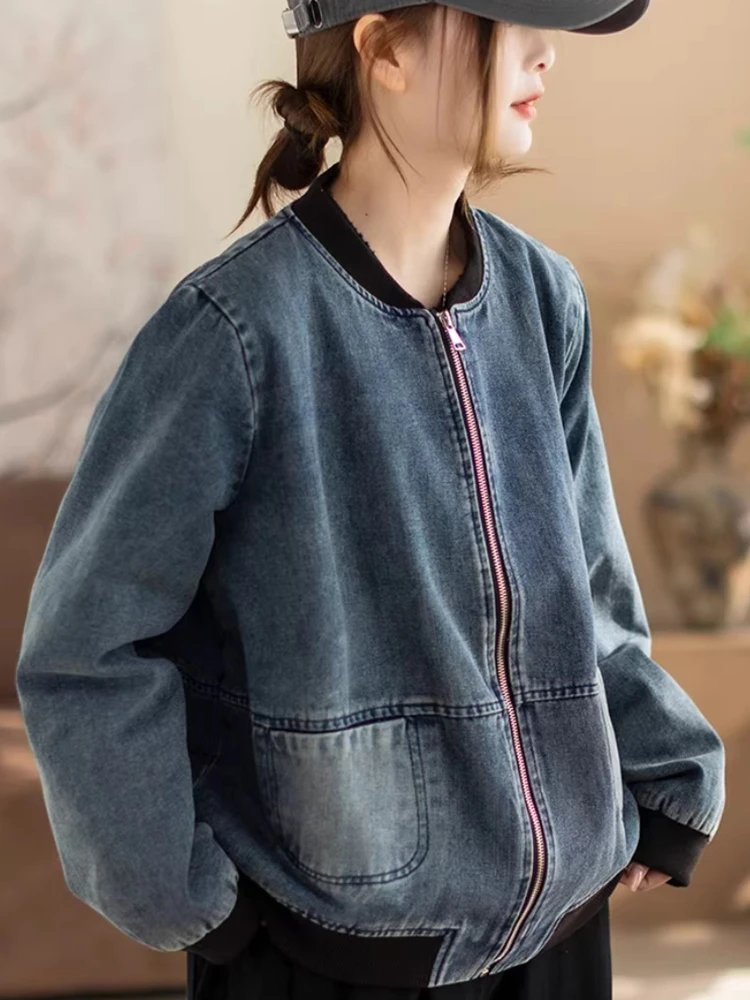 

Women Casual Denim Coats New Arrival 2026 Spring Simple Style Vintage Stand Collar Loose Female Long Sleeve Basics Jackets M2249