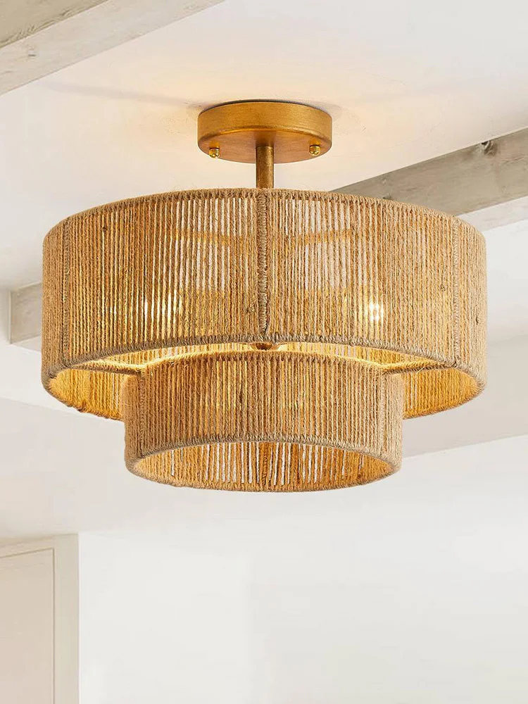 

Japanese vintage hemp rope double ceiling light bohemian rattan recessed living room bedroom hallway light fixtures