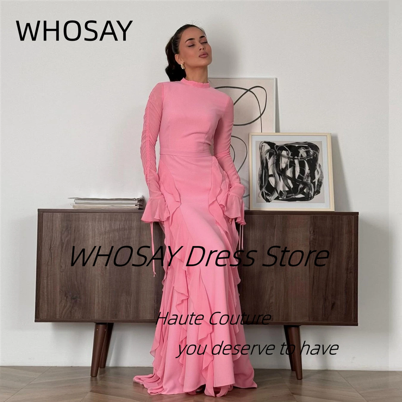 

WHOSAY High Collar Evening Dresses Sheer Long Sleeves Saudi Dubai Women Wear Prom Party Dress Ruffles Vestidos Des Fiesta