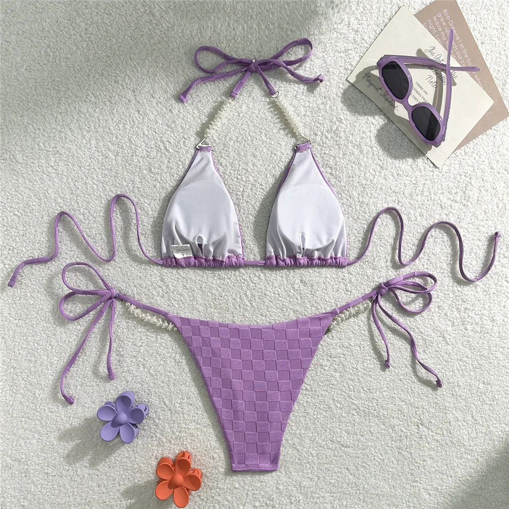 Light Purple Swimwear Pearl String Halter Micro Bikini Thong 2026 Sexy Swimsuit Women Bathing Suit Triangle Bikinis Sets Mujer
