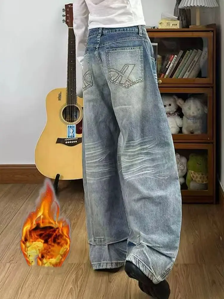 Y2K Winter Jeans Women Thick Fleece Lined Pants High Waist Wide Leg Baggy Straight Long Trousers American Retro Washed Denim
