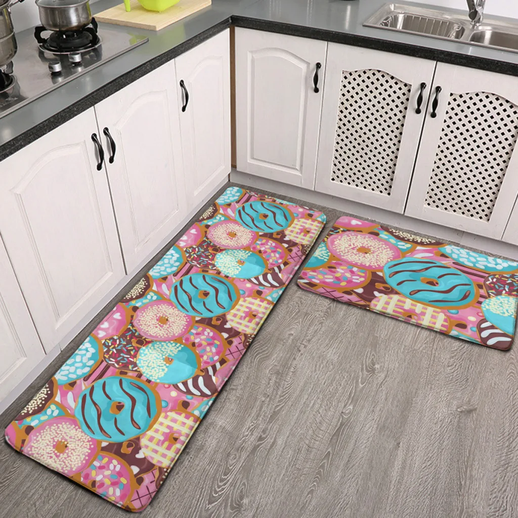 

2Pc Kitchen Pink And Teal Donut Beautiful Christmas Print Floor Mat Living Room Tableware Decor Carpet Door Anti Slip Rug