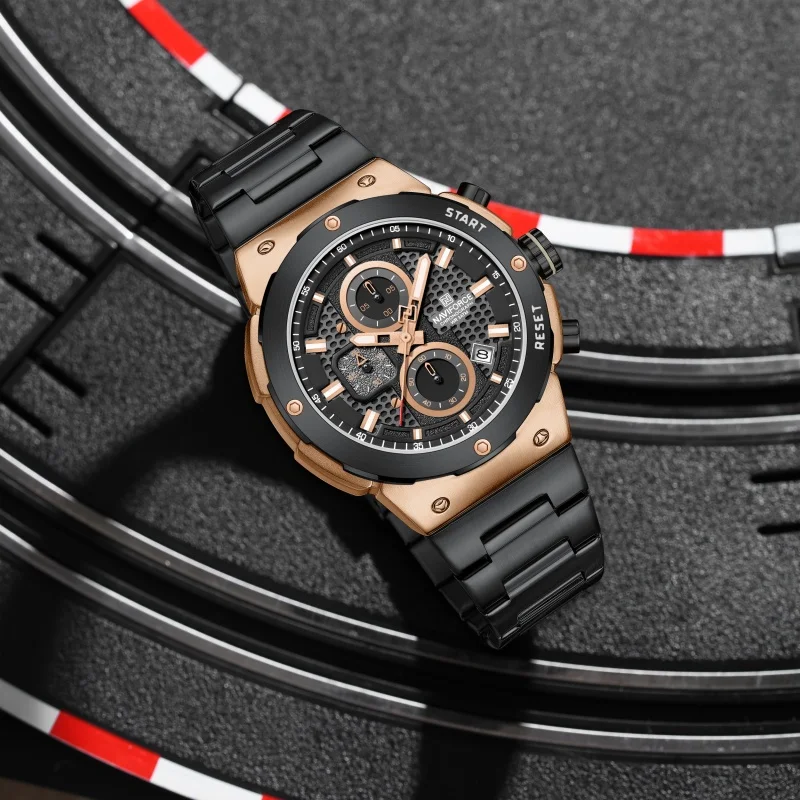 NAVIFORCE 8072 Men's Quartz Watch Calendar Chronograph Luminous Waterproof Stainless Steel Strap Casual Sports Watches for Men