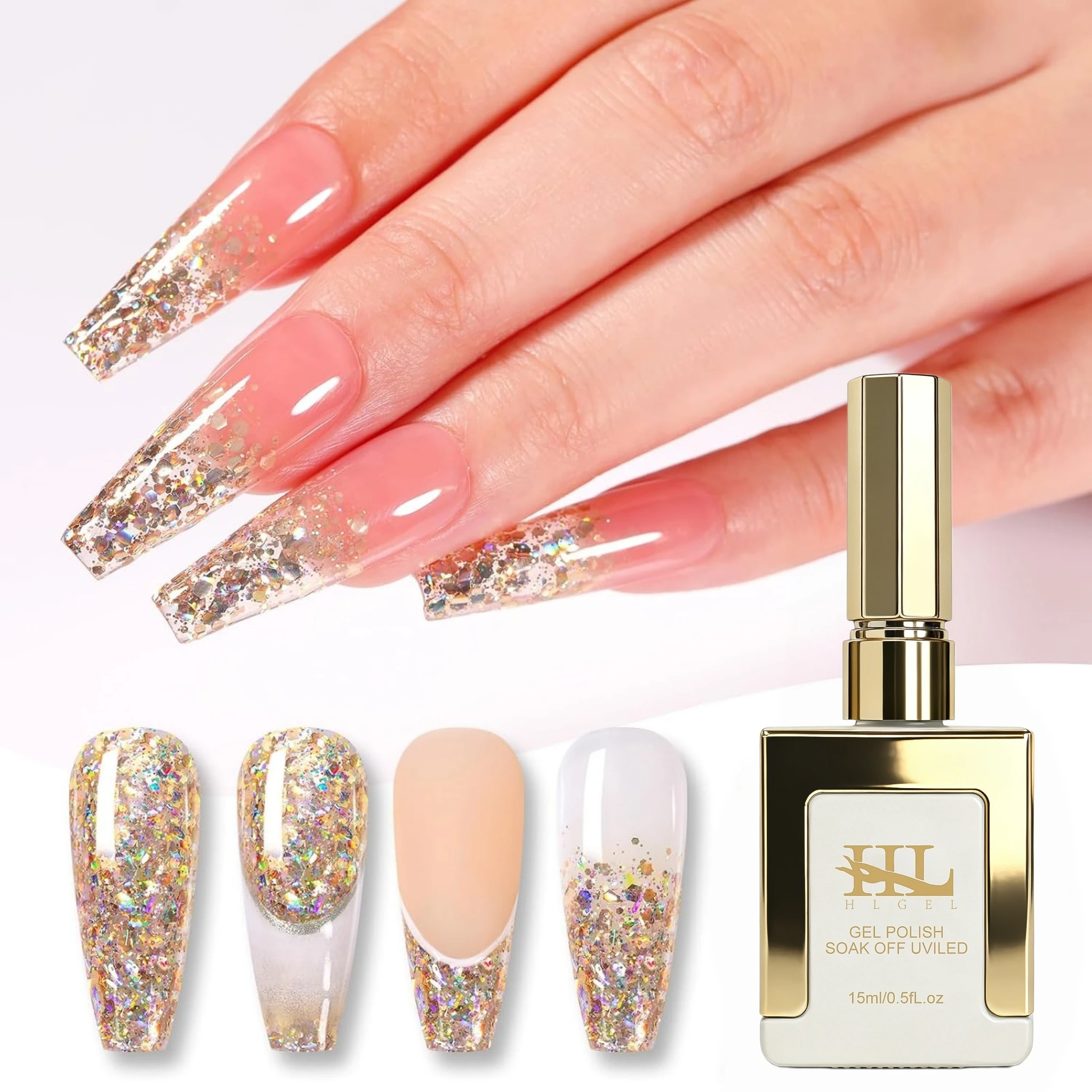 15ml Champagne Holographic Chunky Glitter Gel Polish, UV LED Soak Off Rainbow Sparkly Nail Gel for Fall Christmas Holiday Nail