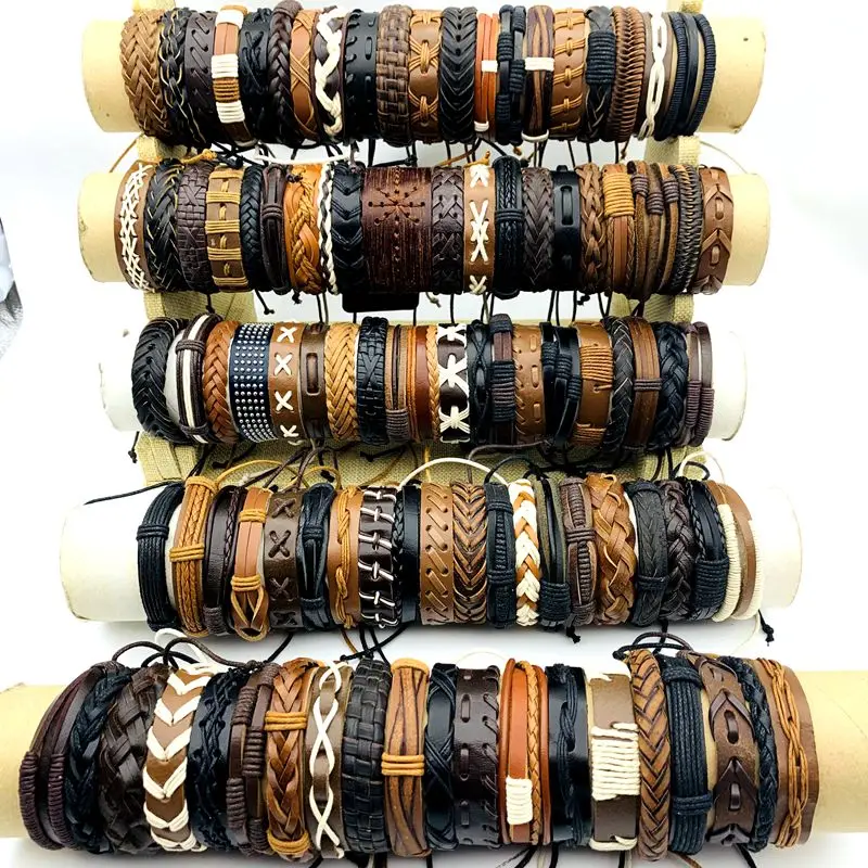 10/20/30/50/100PCs Leather Cuff Bracelets Handmade Retro Bangle Wristbands Black/Brown Fashion Jewelry Party Gift Wholesale Lot