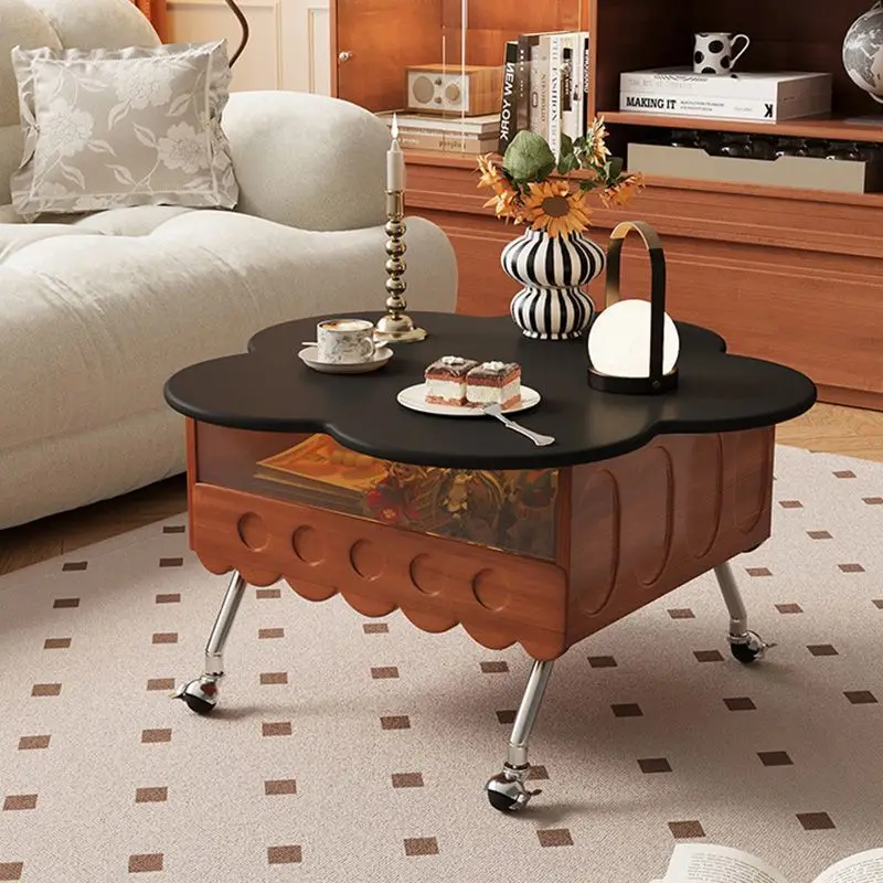 

Medieval solid wood lifting petal coffee table household living room movable side small apartment